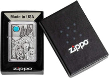 Load image into Gallery viewer, Zippo Wolf Pack and Moon Emblem Brushed Chrome Pocket Lighter