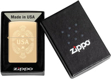 Load image into Gallery viewer, Zippo Lighter - Customized Message on USA Eagle Crest, High Polish Brass 48915
