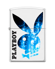 Load image into Gallery viewer, Zippo Lighter -Personalized Customize Message Engrave on Backside for Playboy Rabbit Head Bunny Blue Water Bubbles Splashes White Matte #Z5331
