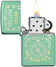 Load image into Gallery viewer, Zippo Follow Your Way Compass Design High Polish Green Pocket Lighter
