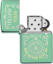 Load image into Gallery viewer, Zippo Follow Your Way Compass Design High Polish Green Pocket Lighter
