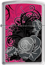 Load image into Gallery viewer, Zippo Lighter - Black Flower Swirls Brush Chrome Windproof Lighter #Z258
